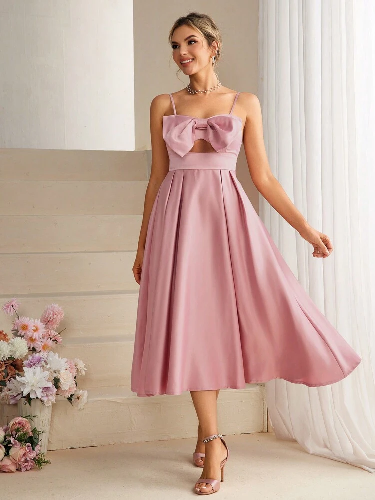 Bowknot Decorated Hollow Out Spaghetti Strap Bridesmaid Dress, Semi Formal Dress