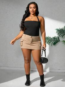 SHEIN EZwear 大尺碼女士黑色針織側摺褶領結背心上衣 - 黑色 - 查看 5