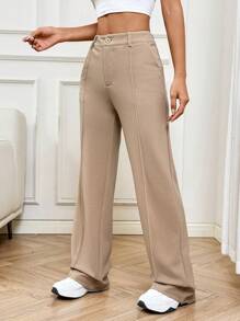 SHEIN EZwear Women's Straight Leg Suit Trousers With Exposed Seams In Fall/Winter - Khaki - View 4