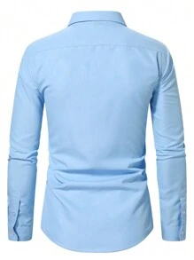 Manfinity Mode Áo sơ mi nam dài tay cài nút trơn, áo sơ mi nam màu xanh nhạt, áo sơ mi nam, áo sơ mi công sở thường ngày, mùa thu - Màu xanh lam - Xem 2