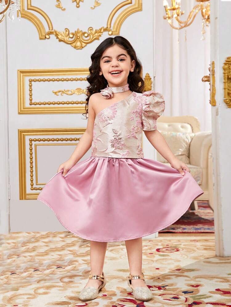 Young Girls' Matching Vibrant Oblique-Shoulder Leg-Of-Mutton Short Sleeve Top And A-Line Skirt Set With Draped Sleeves