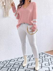 大码撞色落肩针织套头衫，适合秋冬季节穿着 - 粉色 - 查看 7