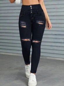 Pantalones ajustados elásticos rasgados con cintura alta y cierre de cremallera - Negro - Ver 1