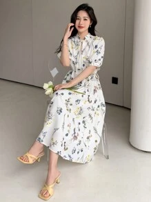 DAZY Women's Floral Printed Short Sleeve Tie Neck Dress - White - View 2