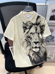 SHEIN 青少年男孩鬆身休閒短袖織物襯衫,帶有翻領和獅子圖案 - 卡其色 - 查看 2