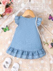嬰兒女孩蝴蝶刺繡牛仔裝連衣裙，適用於夏季外出 - 藍色 - 查看 2