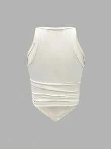 SHEIN ChicEase Solid Color Ribbed Pleated Slim Fit Tank Top With Round Neck - Multicolor - View 5