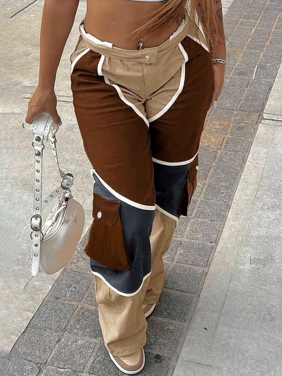 Khối màu Vá lại Quần Cargo - Màu Khaki - Xem 1