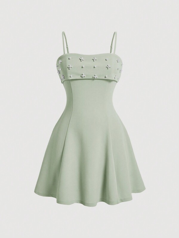 SHEIN MOD Faux Pearl Decor Waist Cinched Spaghetti Strap Dress,Sage Green Dress