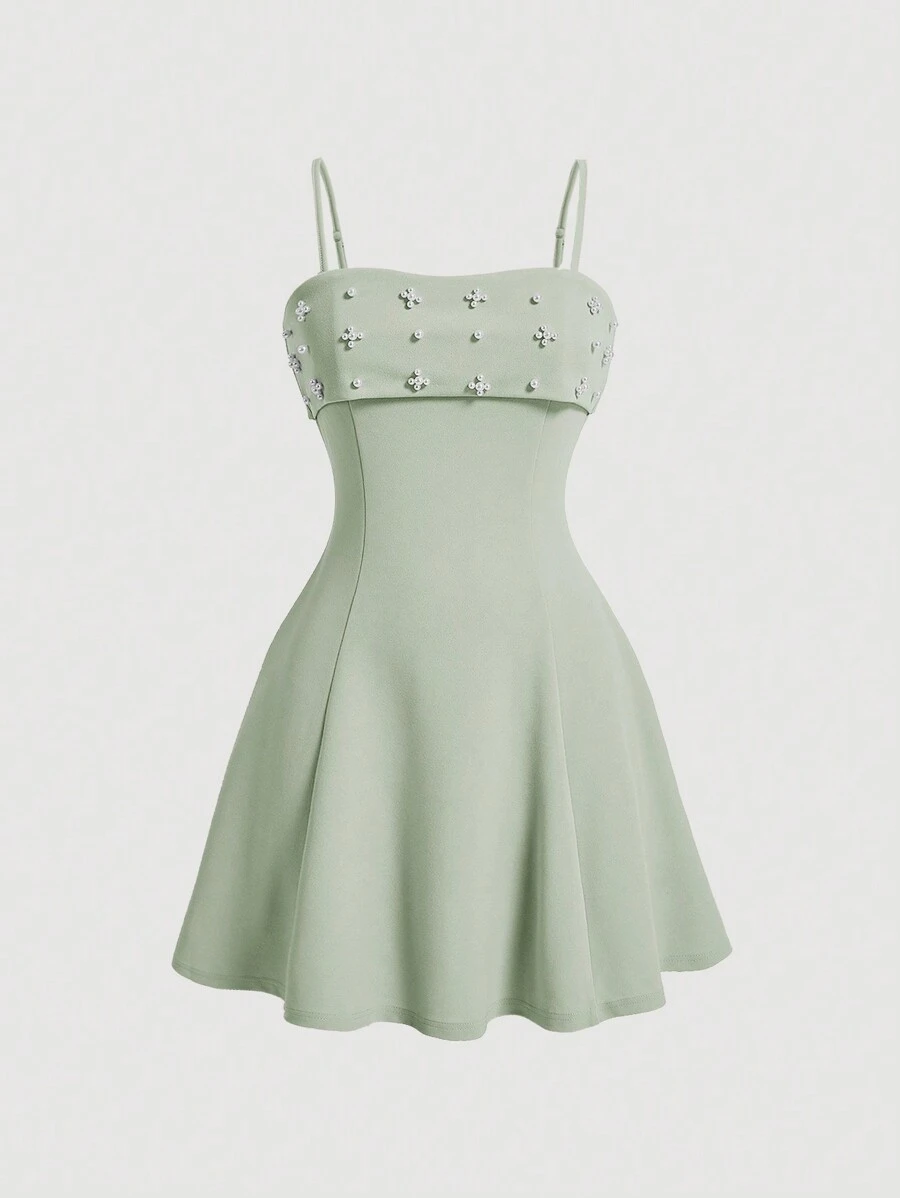 SHEIN MOD 仿珍珠装饰腰部收腰细肩带连衣裙 - 綠色 - 查看 1