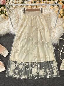 Franclia Falda de tul de malla de contraste con flor 3D para mujeres - Albaricoque - Ver 3