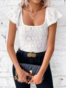 SHEIN Clasi 女士方領蕾絲荷葉邊袖t恤,白色女款t恤 - 白色 - 查看 3