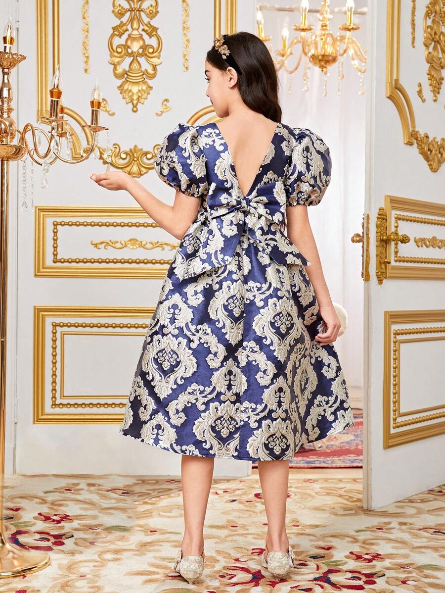 SHEIN Leap Crew Vestido cuadrado de cuello con mangas abombadas hermosa para niñas preadolescentes - Azul - Ver 1