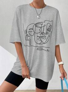 SHEIN EZwear 夏季白色y2k抽象人物圖形下垂肩t恤圖形衫 - 灰色 - 查看 4