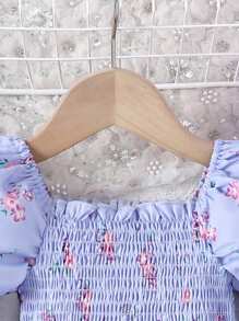Baby Girl Square Neckline Floral Print Puff Sleeve Dress With Gathered Waist, Summer - Purple - View 3