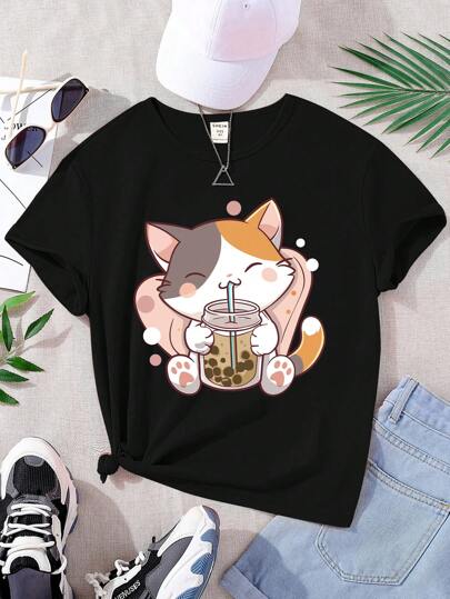 SHEIN Sparklyn Cute Cartoon Cat Drinking Milk Tea Black T-Shirt For Teen GirlEssential For Summer