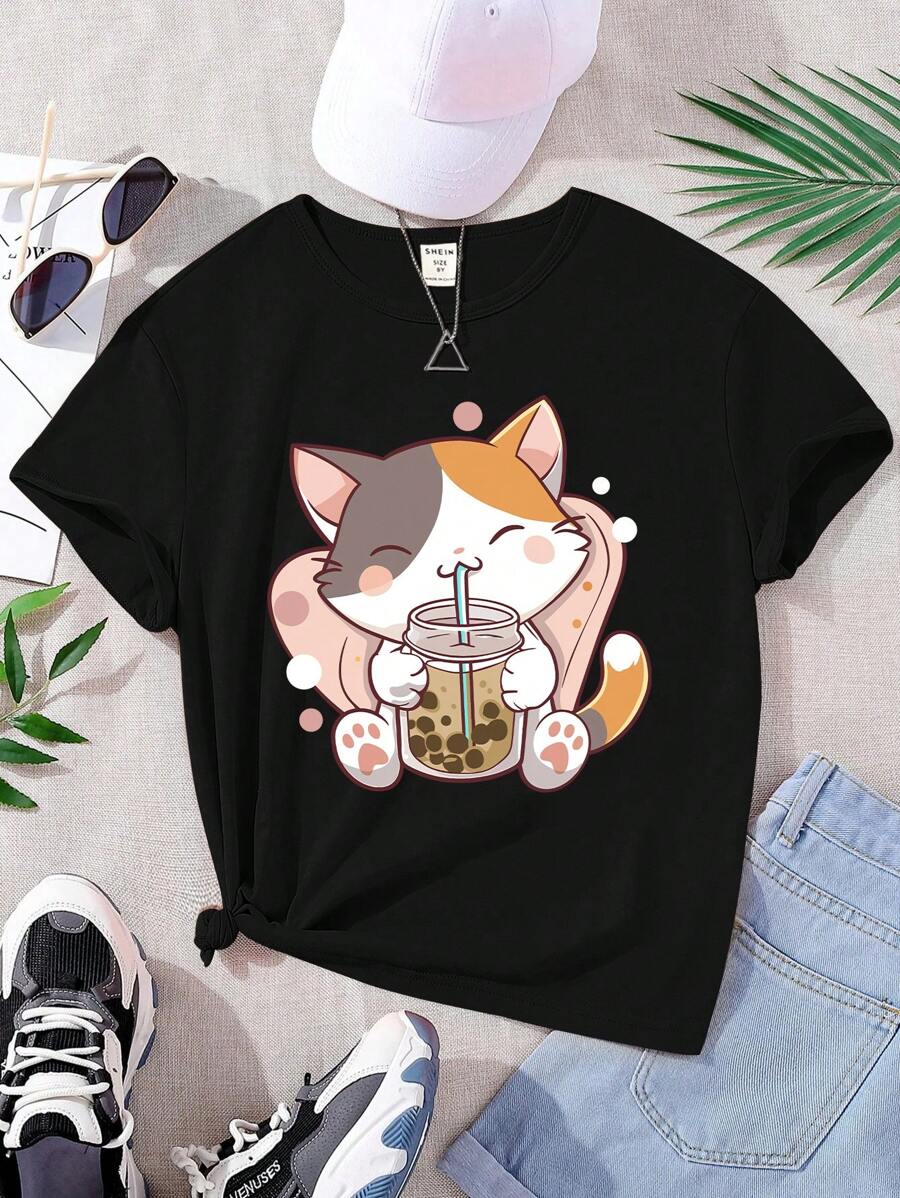 Sparklyn Cute Cartoon Cat Drinking Milk Tea Black T-Shirt For Teen GirlEssential For Summer - Black - View 1