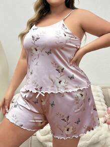 Plus Size Butterfly Printed Cami Top And Shorts Pajama Set - Mauve Purple - View 6