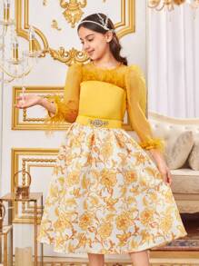 SHEIN Tween Girl 2 件套复古宫廷风格圆领 3/4 袖衬衫和印花裙