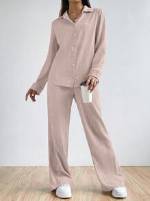 SHEIN EZwear 純色紋理釦扣繡花襯衫和直腳長褲 - 淺粉色 - 查看 7