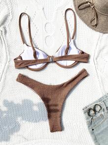 SHEIN Swim Solid Color Textured Split Bikini Set With Steel Support, Summer Beach - Brown - View 2
