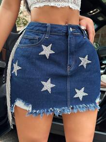 SHEIN BAE Denim Skirt With Fringe Hem, Star Pattern Rhinestone Decorated - Blue - View 4