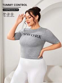 SHEIN Sports Plus Size Letter Printed Sports T-Shirt - Grey - View 1