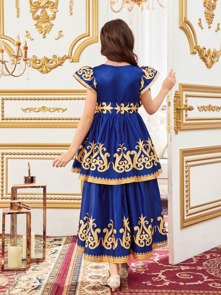 Tween Girl Elegant V-Neck Cap Sleeve Dress For Vacation