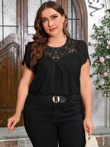 Reflora Plus Size Lace Patchwork Petal Sleeve Blouse - Black - View 4
