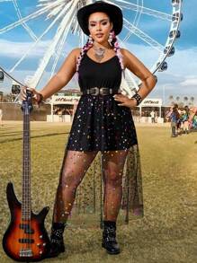 Flirla Váy dây mảnh màu tương phản lưới sequin Boho cỡ lớn dành cho nữ, dành cho mùa hè - màu đen - Xem 5