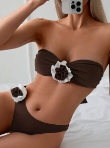 SHEIN Swim 女性配色3d花朵設計綁背比基尼套裝,兩件式游泳服泳衣沙灘裝,適用於夏季假期 - 咖啡棕 - 查看 1
