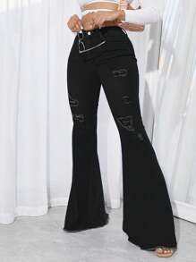 SHEIN SXY Ripped Raw Trim Flare Leg Jeans - Black - View 4