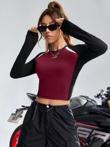 SHEIN EZwear Letter Patched Detail Contrast Raglan Long Sleeve Crop Tee - Burgundy - View 7