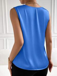 EMERY ROSE 女式純色v領無袖優雅上衣 - 藍色 - 查看 2