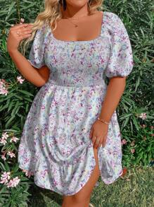 Flirla Đầm tay phồng cổ vuông in hình cỡ lớn - Nhiều màu - Xem 5