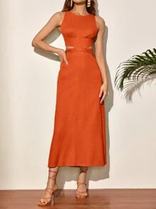 SHEIN VCAY 純色中空高腰後交叉肩帶無袖裙 - 橘色 - 查看 6