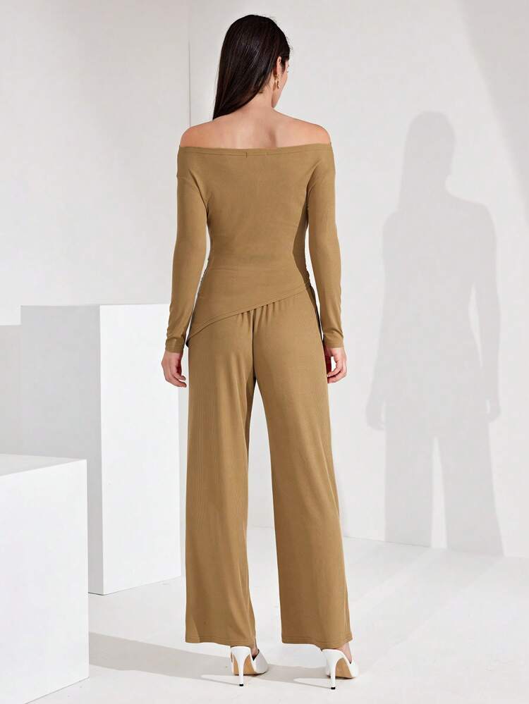 Women's Plain Off Shoulder Asymmetric Hem Top & Wide Leg Pants Two Pieces Set 2 Pieces Set