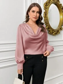 SHEIN Privé Pullover Langarm-shirt In Übergröße Mit Satin Drapierung Am Kragen
