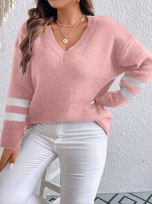 大码撞色落肩针织套头衫，适合秋冬季节穿着 - 粉色 - 查看 6