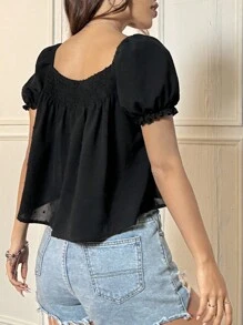 Flirla Solid Color Square Neck Short Sleeve Shirt Peplum Top - Black - View 2