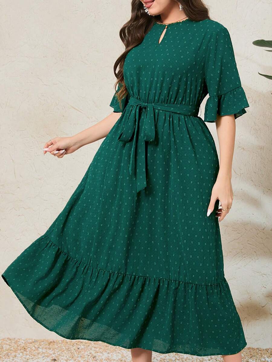 Mulvari Kích thước lớn Chấm bi Tay áo xù Đầm - Màu xanh lá cây đậm - Xem 1