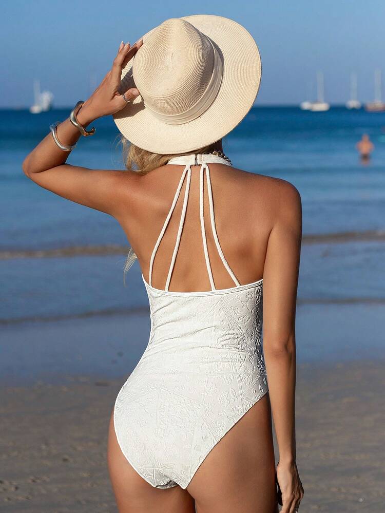 Women Solid Color Jacquard Texture Halter Neck Simple One Piece Swimsuit, For Summer, Beach, Vacation, Travel, Festival, Swimming Pool, Surfing