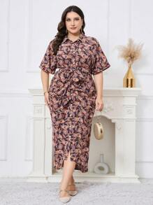 Modelyn Plus Size Women's Short Sleeved Shirt Dress With Paisley Pattern - Multicolor - View 5