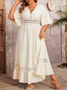 Breezaya Plus Size Lace Splicing V-Neck Dress With Lotus Leaf Hem Maxi Women Outfit