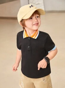 SHEIN Jonge jongen 1 stuk Casual College stijl Kleurblok Kraag & Mouw Zoom Korte mouwen Polo Comfortabel Kledingstof , Ademend En Terug naar school , Geschikt Voor Zomer Seizoen