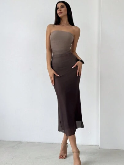 Aloruh Vestido ajustado Sin Tirantes Y De Malla Gradiente De Estilo Americano