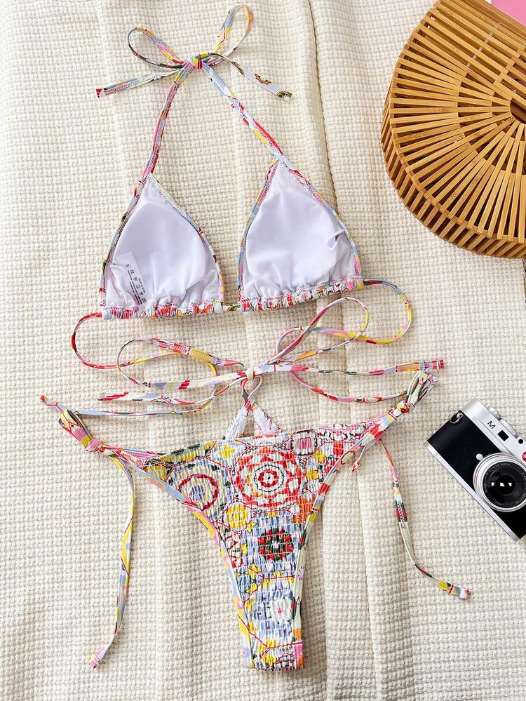 Random Printed Shirred Halter Neck Split Two-Piece Bikini Set Summer Beach