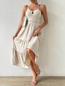 SHEIN Privé 中长款挂脖连衣裙 - 杏色 - 查看 5