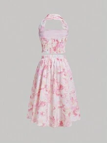 SHEIN MOD Plus Size Women's Tie Neck Tank Top And Long Skirt, Ombre Floral Print Romantic Beach Vacation Style 2pcs/Set - Pink - View 2