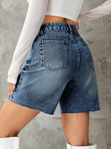 SHEIN EZwear 牛仔短褲,原邊設計 - 藍色 - 查看 2